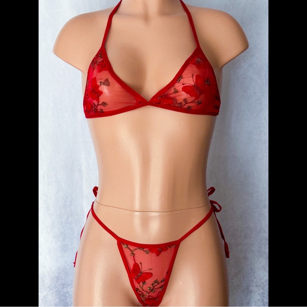 Red, Embroidered Butterfly, Lingerie Set